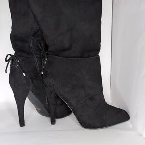 Nina Black Suede Lace-Back High Heel Knee Boots